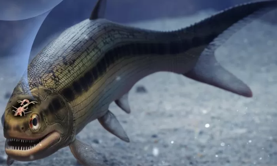 Ilustrasi dari University of Birmingham mengungkapkan ikan Coccocephalus wildi yang tersimpan di arsip Museum Manchester. Dalam fosil tengkorak ikan ini ditemukan otak yang masih utuh (Foto: BBC)
