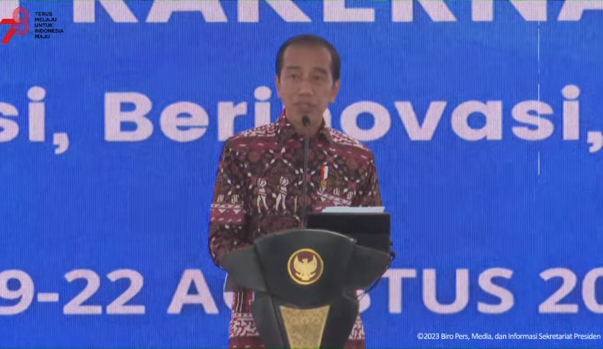 Jokowi dalam acara Rakernas Gerakan Angkatan Muda Kristen Indonesia (Gamki) pada Sabtu (19/8/2023).