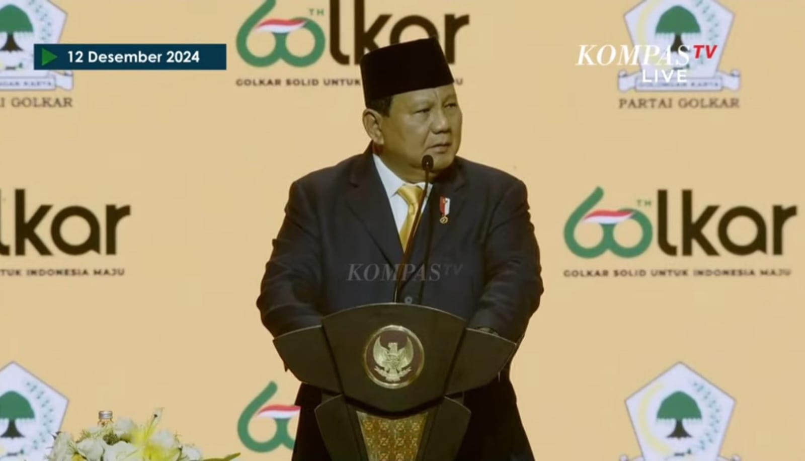 Sambutan Presiden Prabowo Subianto dalam HUT ke 60 Golkar (Foto: Tangkapan layar kanal youtube KOMPASTV)