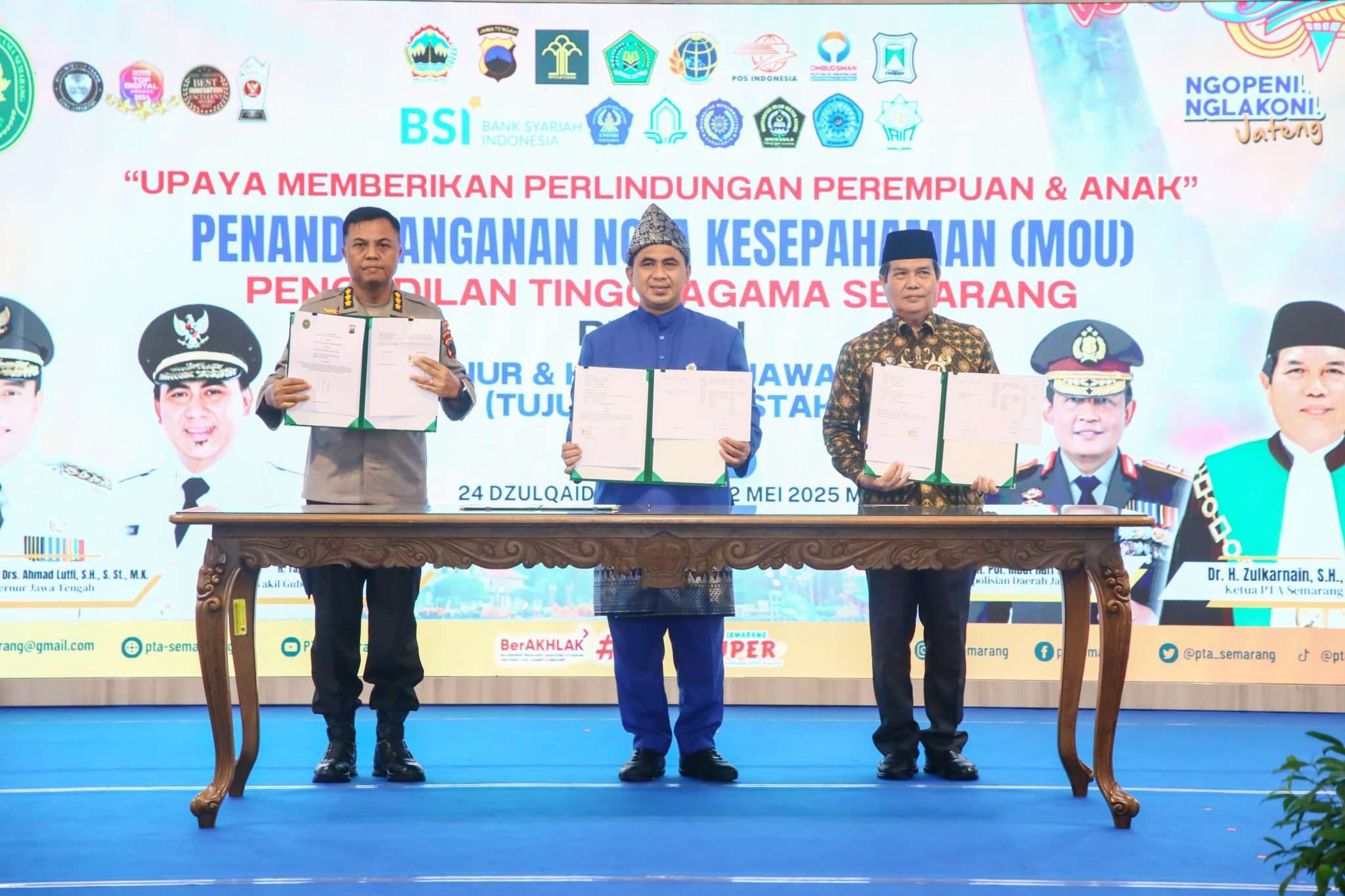 Penandatanganan Nota Kesepahaman (MoU) antara Pemerintah Provinsi Jawa Tengah bersama Pengadilan Tinggi Agama Semarang, Polda Jateng, dan 17 stakeholder terkait perlindungan perempuan dan anak di Gradhika Bhakti Praja, Kamis (22/5/2025)