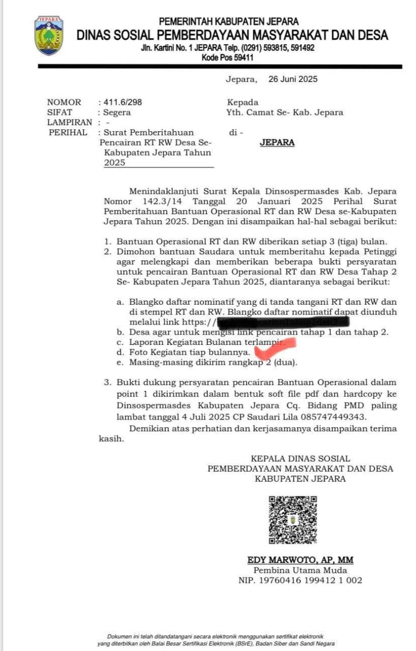 surat edaran dari Dinas Sosial Pemberdayaan Masyarakat dan Desa (Dinsospermades) Kabupaten Jepara terkait pencairan Bantuan Operasional RT dan RW tahun 2025