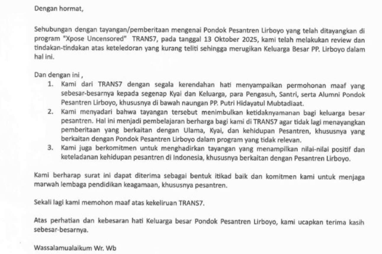Surat permintaan maaf dari Trans7 terkait tayangan yang diduga menyinggung kiai dan santri Pesantren Lirboyo (istimewa)